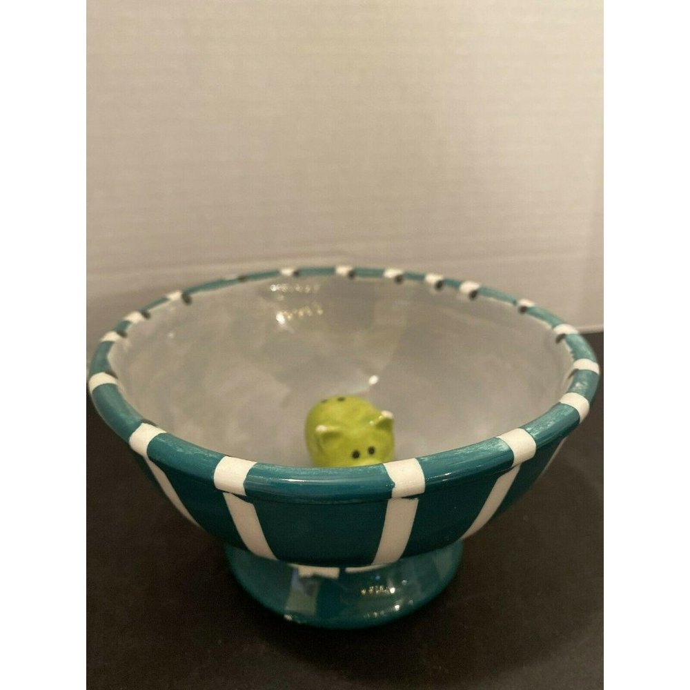 Dessert Bowl Green And White Stripes With  Pig.